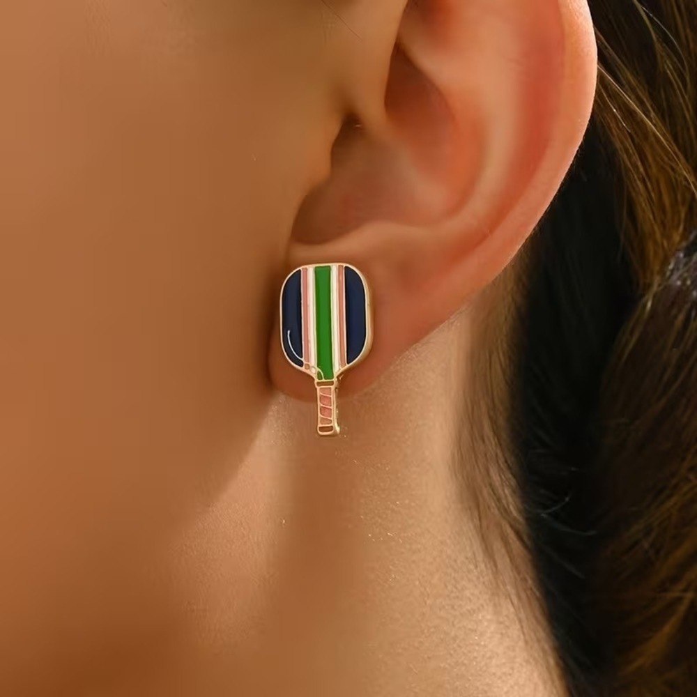 Womens Enamel Pickleball Paddle Stud Earrings Striped Navy Green Pink Gold Tone